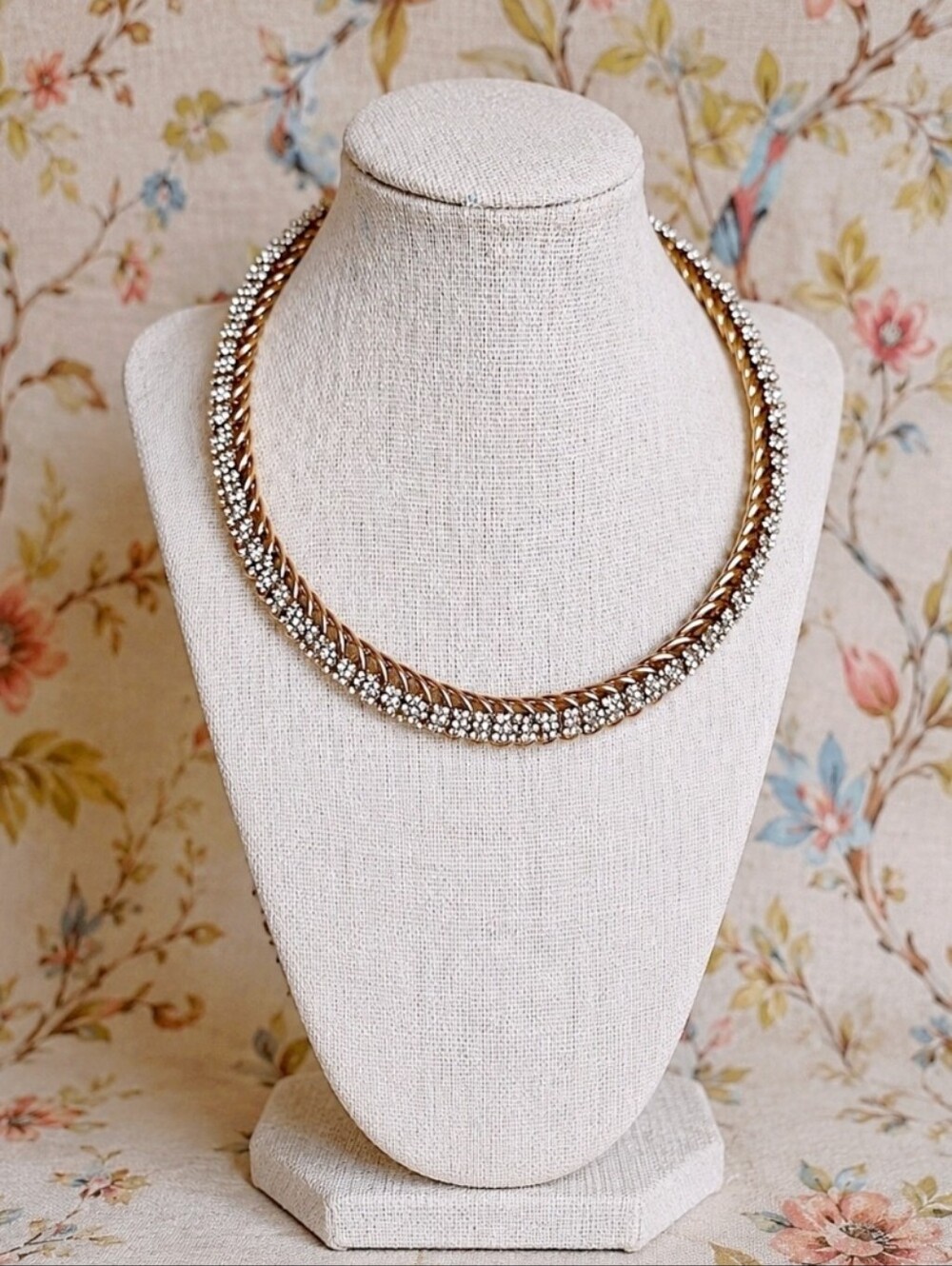 Vintage Coiled Spiral Chain Collar Bib Necklace Brass Tone Clear Rhinestones EUC